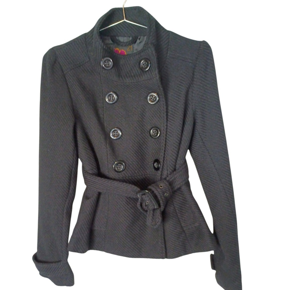 Vintage Love 21 Black Textured Double Breasted Belted Peplum Pea Coat Medium